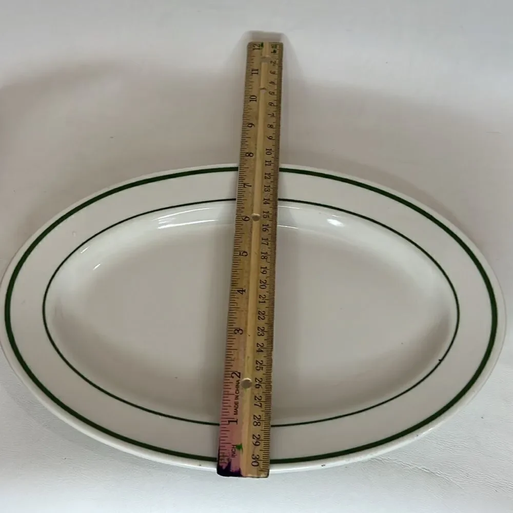 Buffalo Plates Heavy Ceramic Oval White Green Set Of 2 11 1/2 Inches X 7 3/4
